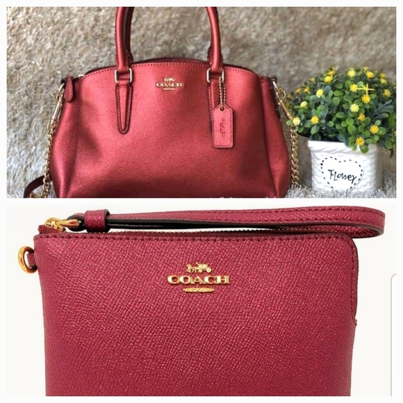 Coach NWOT, Mini Sage Carryall, Metallic Wine & Gold, & Sm. Corner Zip Wristlet - Picture 1 of 13